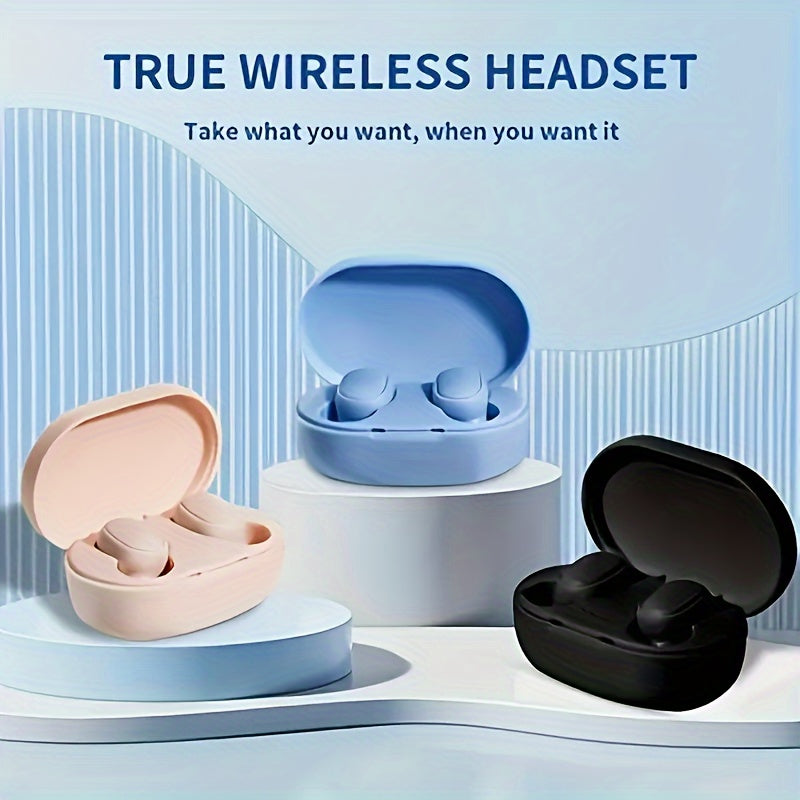 Auriculares inalámbricos en beige, azul y negro con estuche de carga USB-C para deportes y regalos