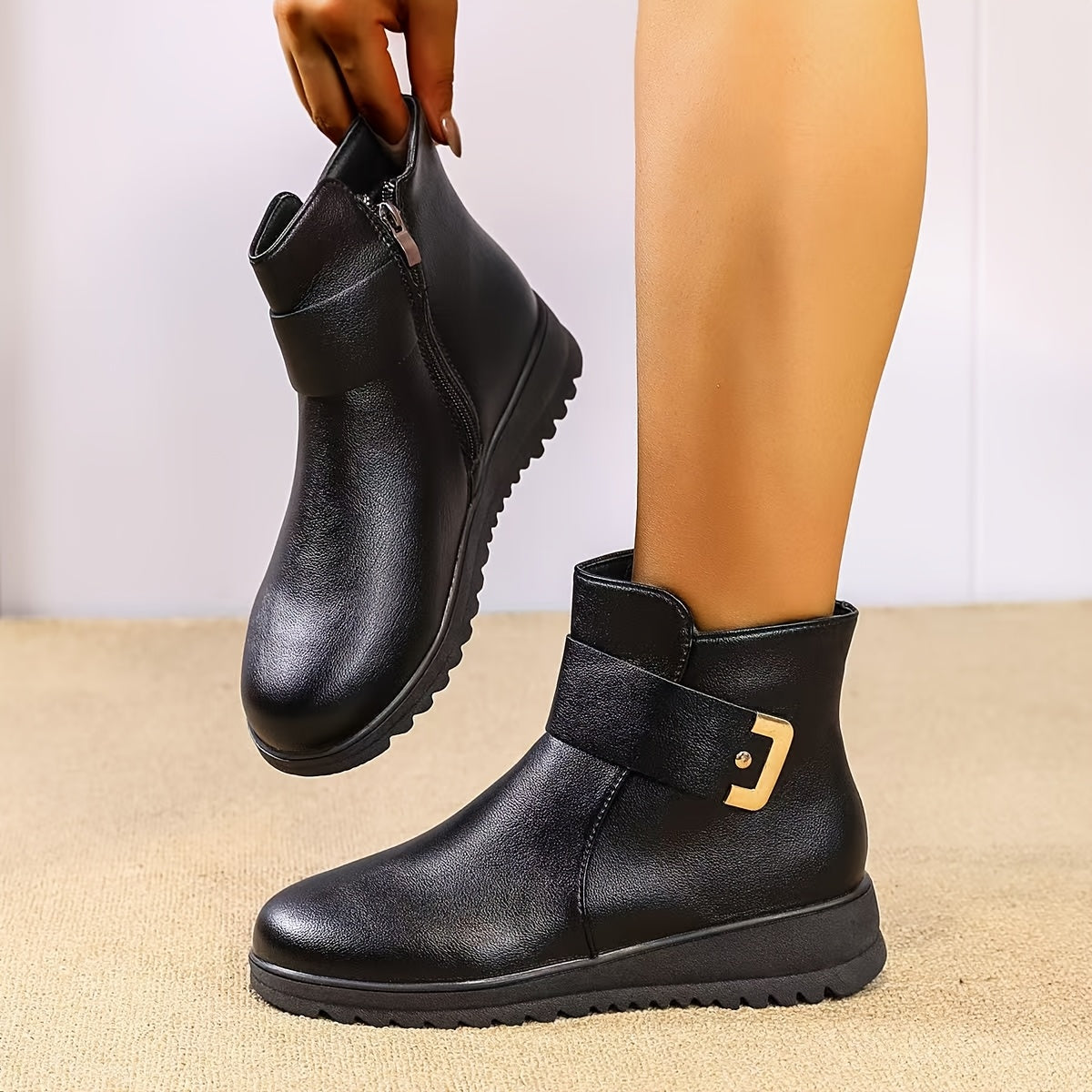 Women Black Wedge Heel Ankle Boots with Side Zipper and Buckle