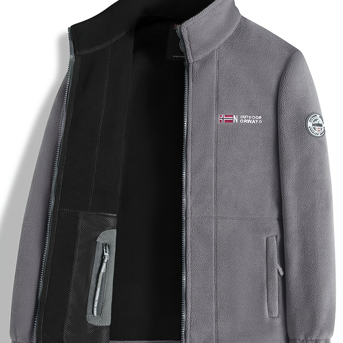Men's Fleece-Lined Jacket with Embroidered Detailing in Black and Gray Winter Casual Zipper Stand Collar Side Pockets