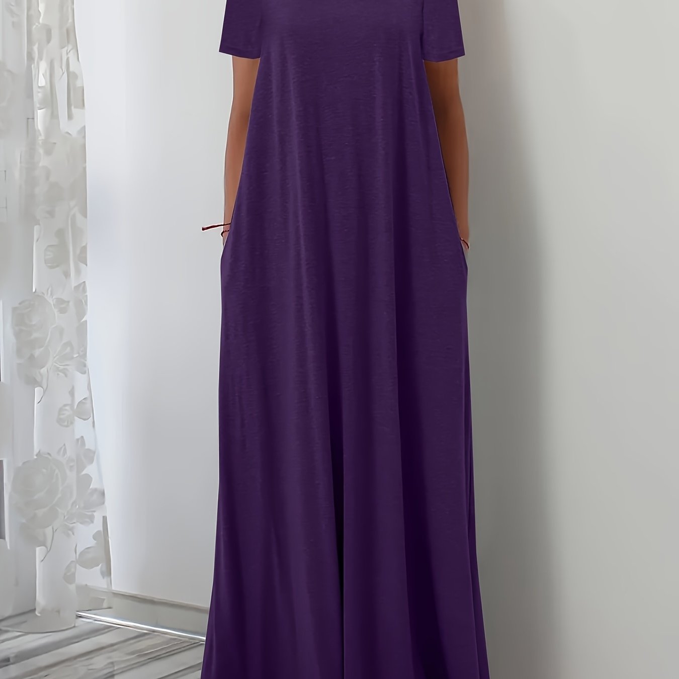 White Maxi Dress with Square Neck Short Sleeves Pockets Flowing Silhouette Polyester Blend