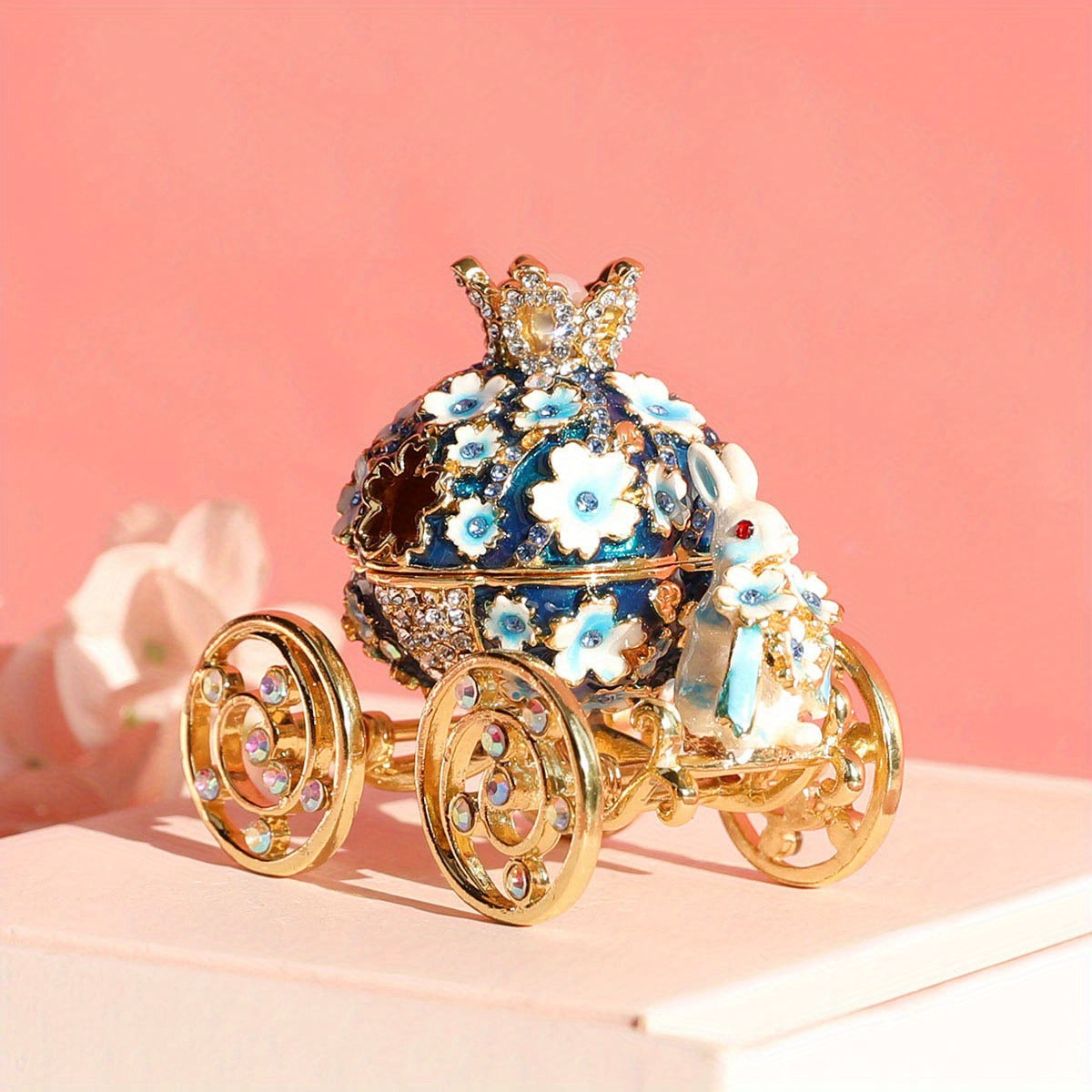 Pink Cherry Blossom Rabbit Jewelry Box Enamel Alloy with Magnetic Closure and Crystal Ring Holder