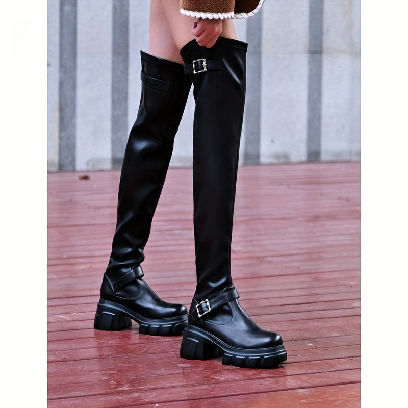 Women's Over-the-Knee Boots With Buckle Thick Sole Chunky Heel