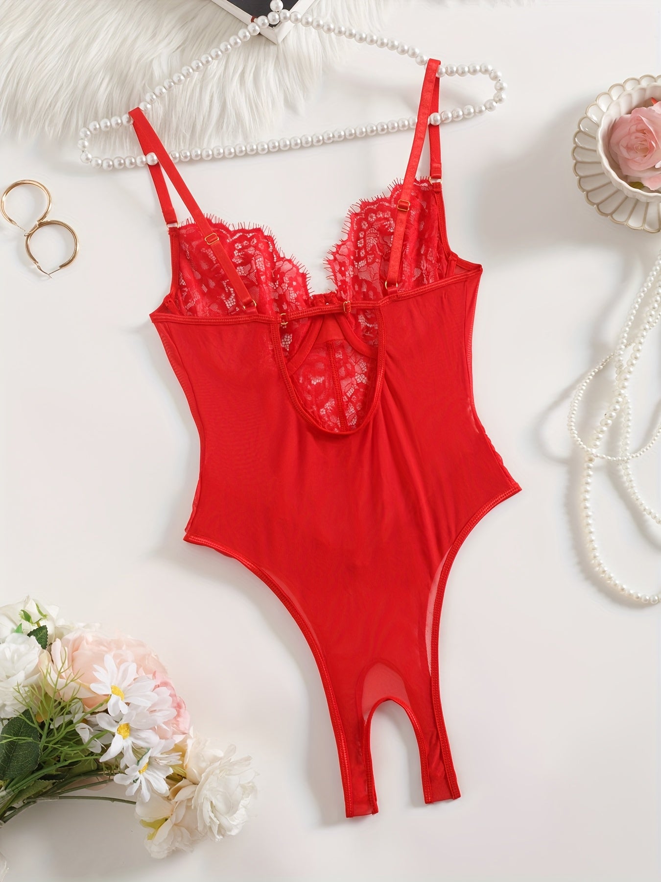 Red Lace Velvet Teddy with Ruffled Details Underwire Support High Cut Backless