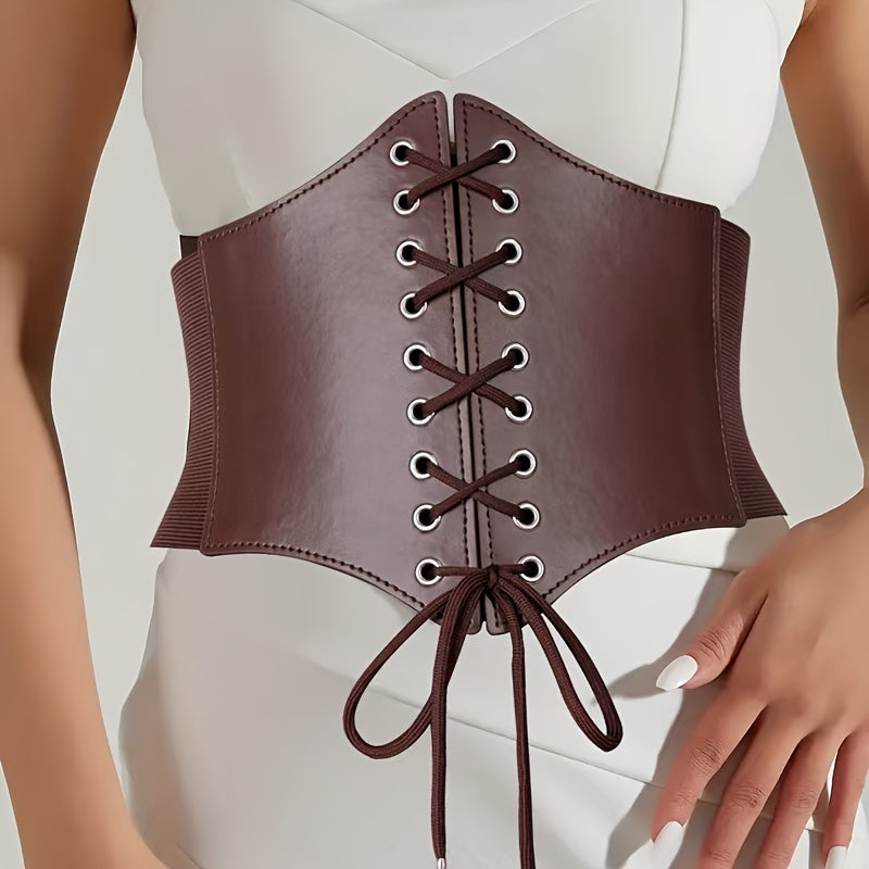 Women's Brown Lace-Up Corset Belt with Mesh Overlay and Zipper Closure for Dresses and Casual Wear