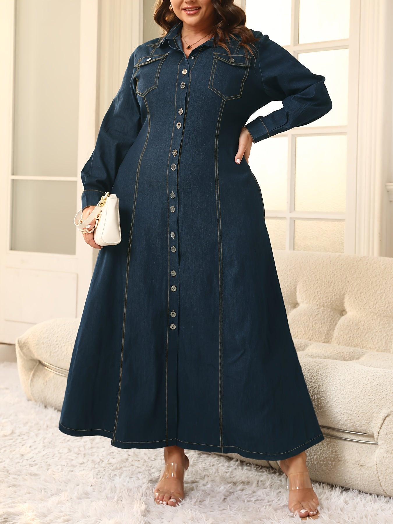 Elegant Fitted Rayon Dress with Lapel Collar for Fall Winter
