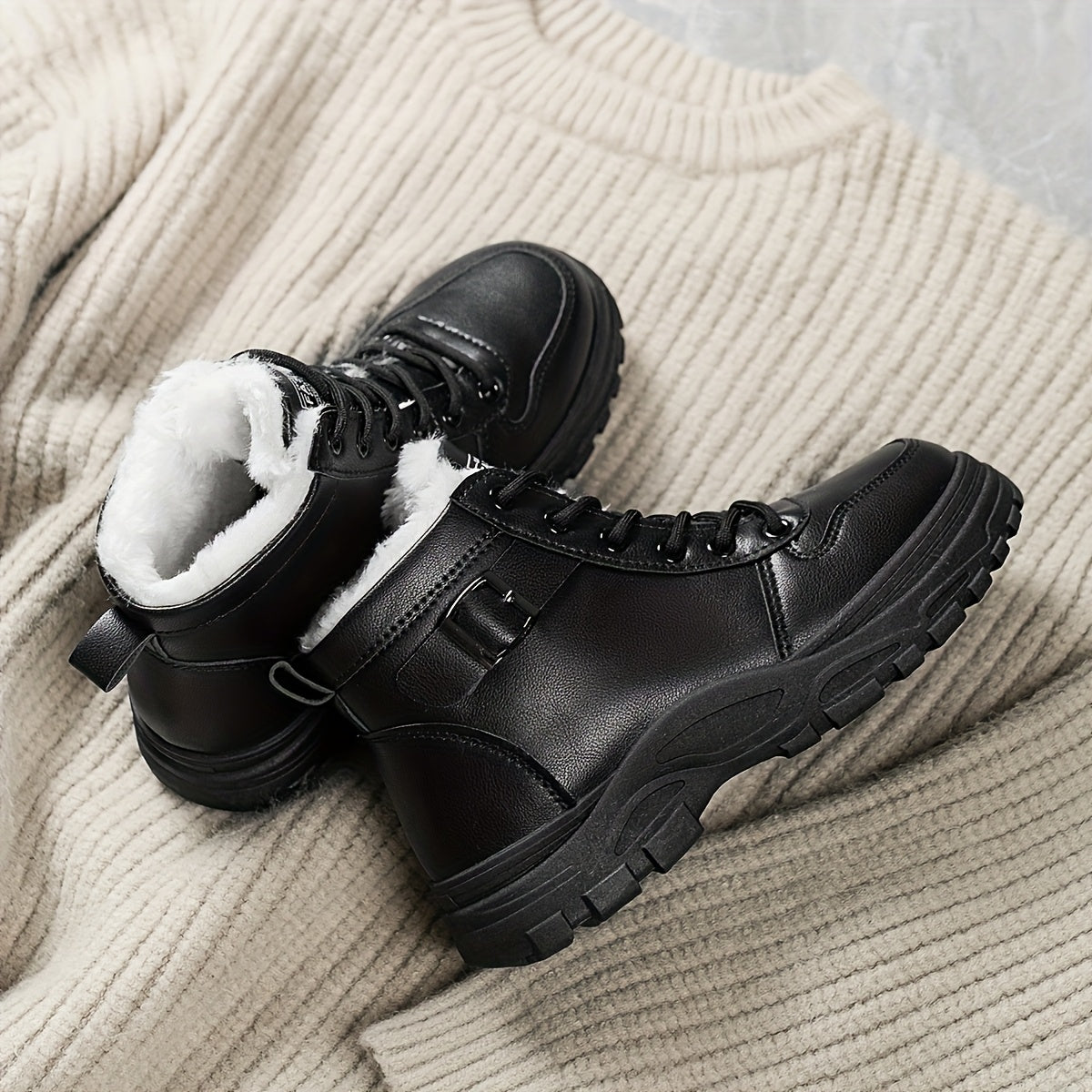 Women's Winter Ankle Boots with Plush Lining Black and Beige Two-Tone