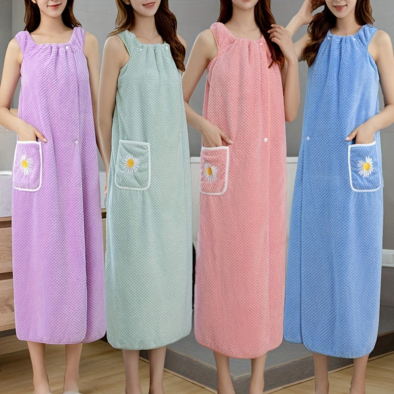 Adults' Quick-Dry Absorbent Bath Towel with Pockets and Buttons for Spa Sauna