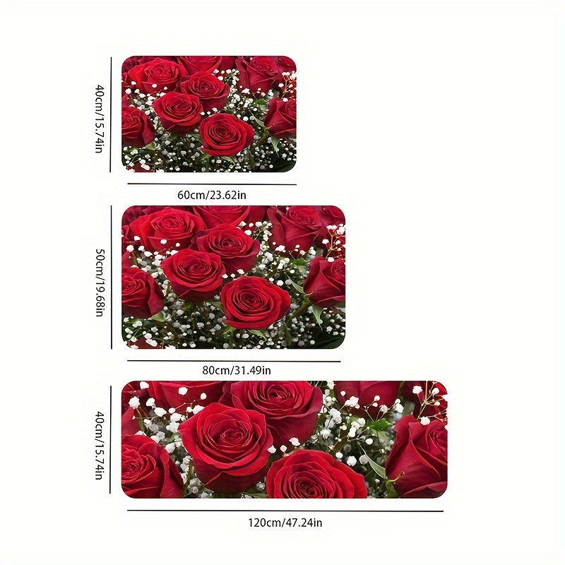 Soft Premium Rose Flower Kitchen Mat Anti-Fatigue Polyester Entryway Bedroom Living Room