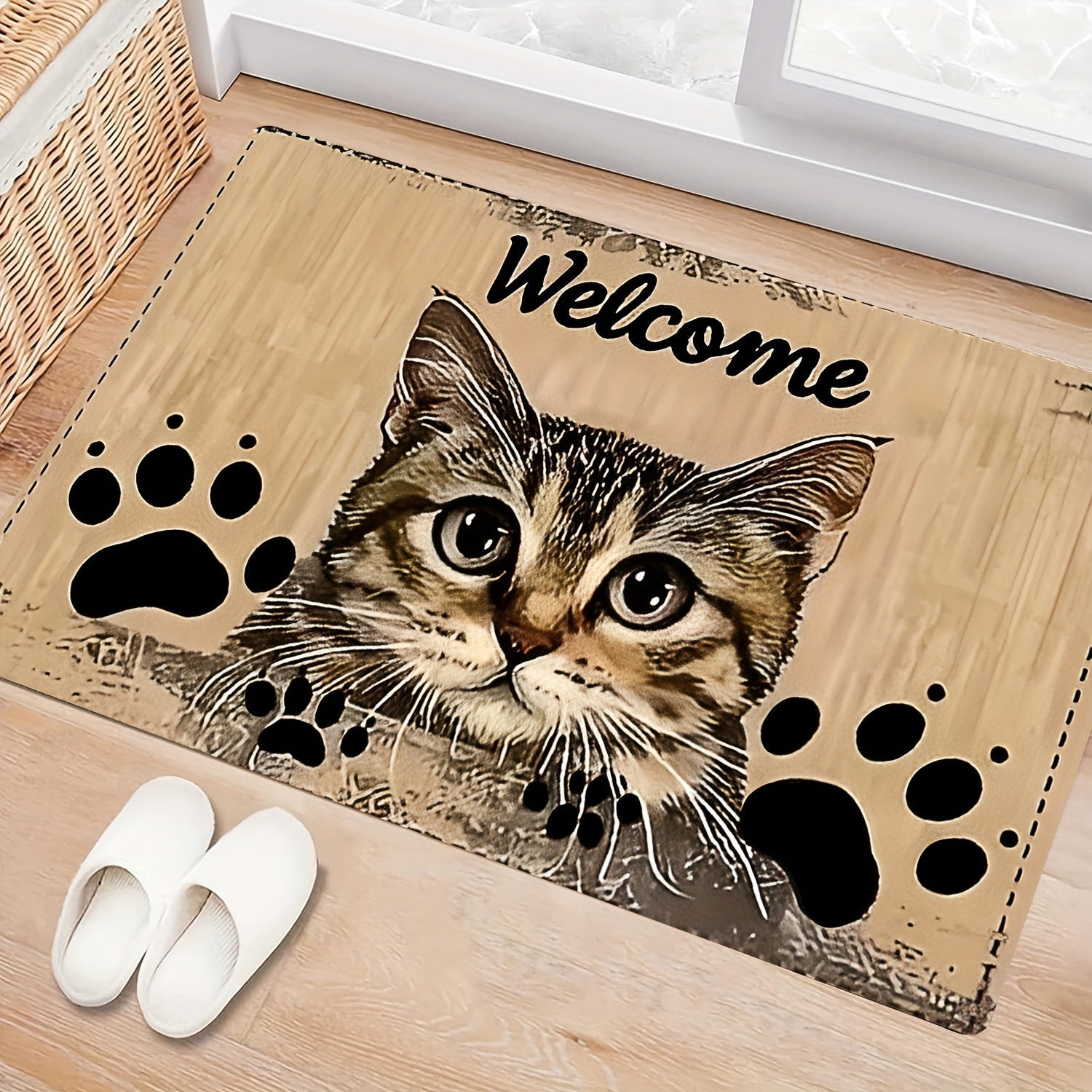 Charming Cat Welcome Mat Bardoshli Polyester Rug Slipperga qarshi Oson tozalash uchun yashash xonasi