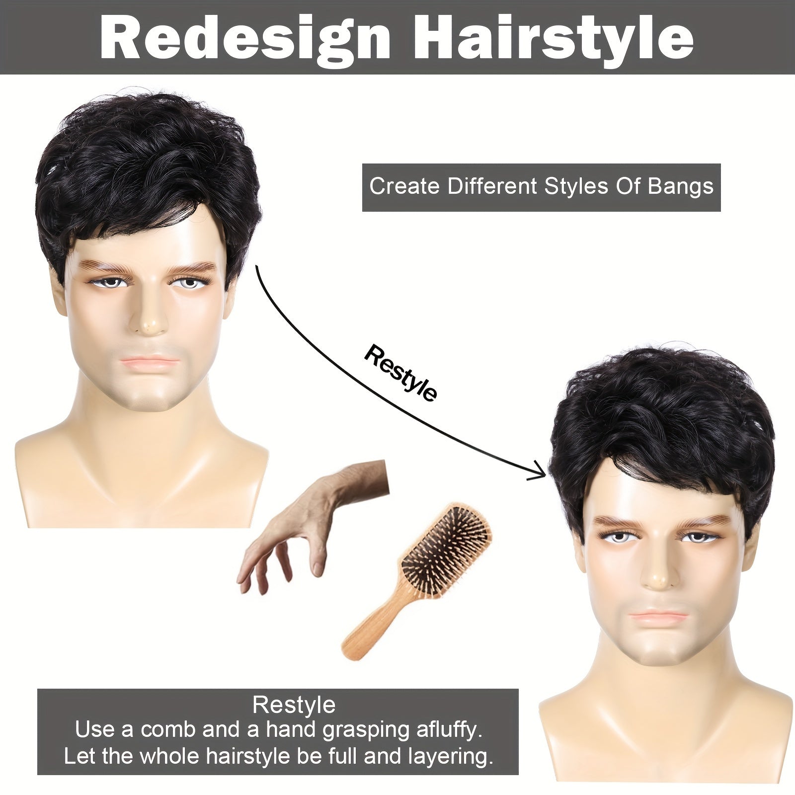 Black Men's Wig with Layered Natural Fluffy Synthetic Hair for Halloween Costumes