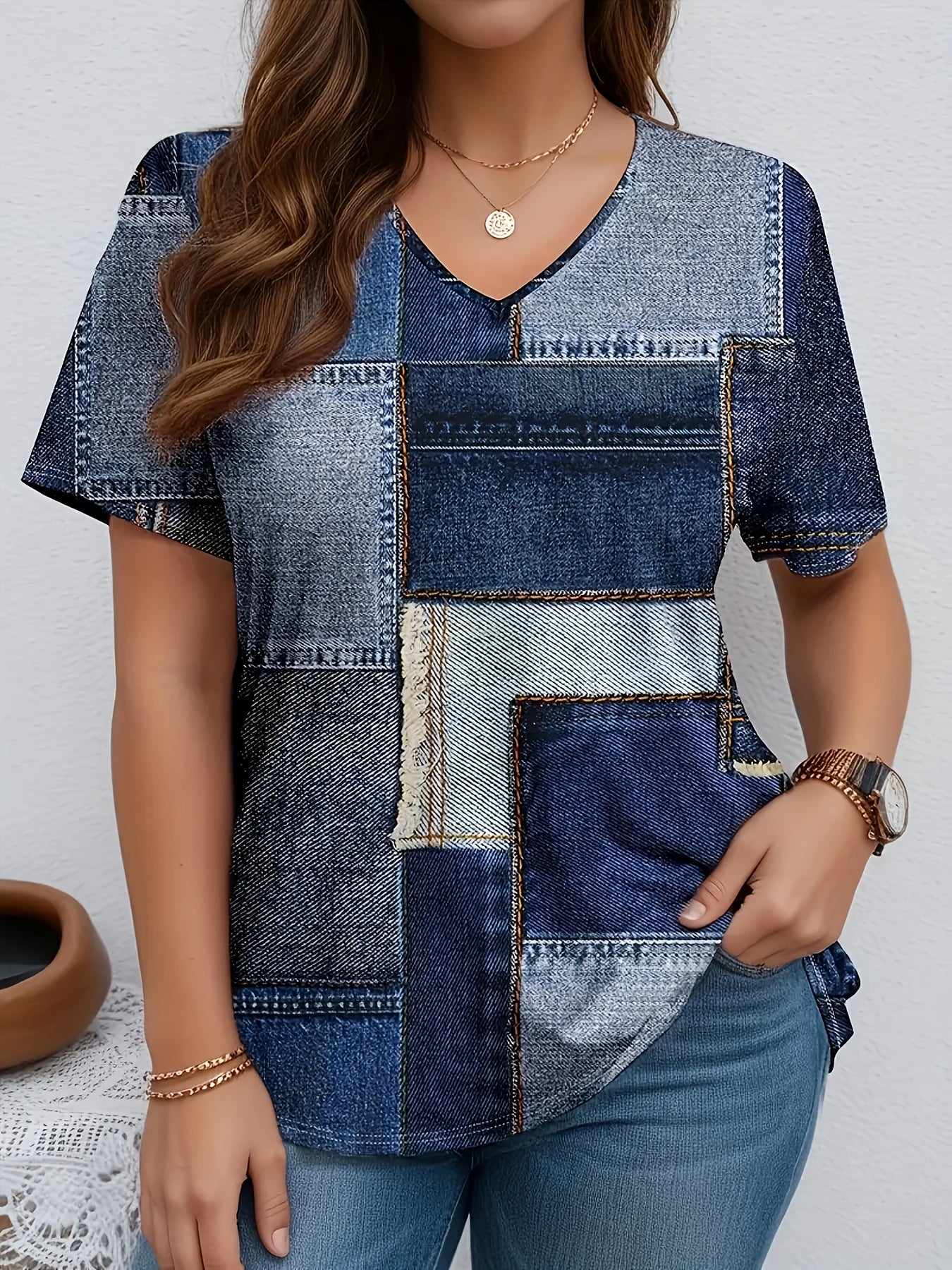 Plus Size V-Neck Printed Blouse Polyester Blend Slight Stretch Casual Top