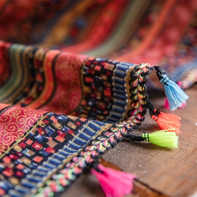 Cortina de estilo bohemio de granja con rayas rojas y borlas para dormitorio, sala de estar y decoración del hogar