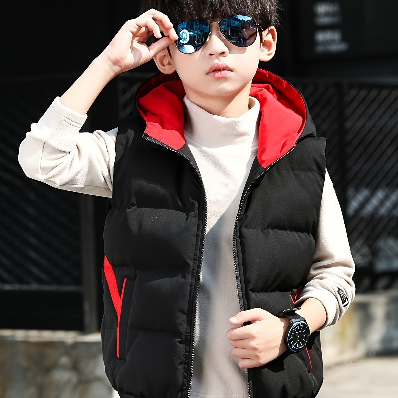 Boys Puffer Vest Hooded Zip-Up Color Block Fall Winter Casual Kids Over 3 Years