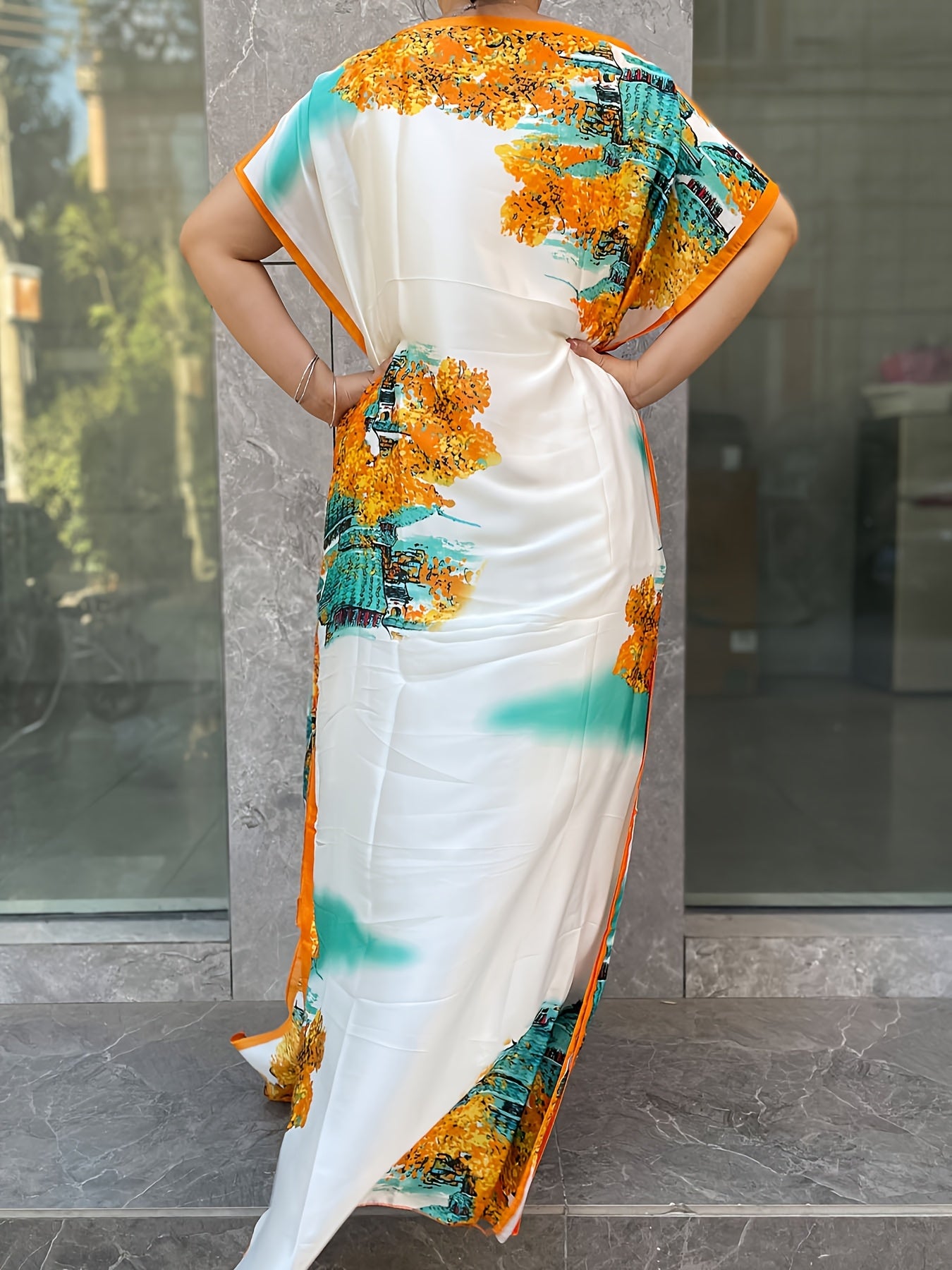 Plus Size Floral Print Longline Dress Polyester Batwing Sleeves Tassel Scarf