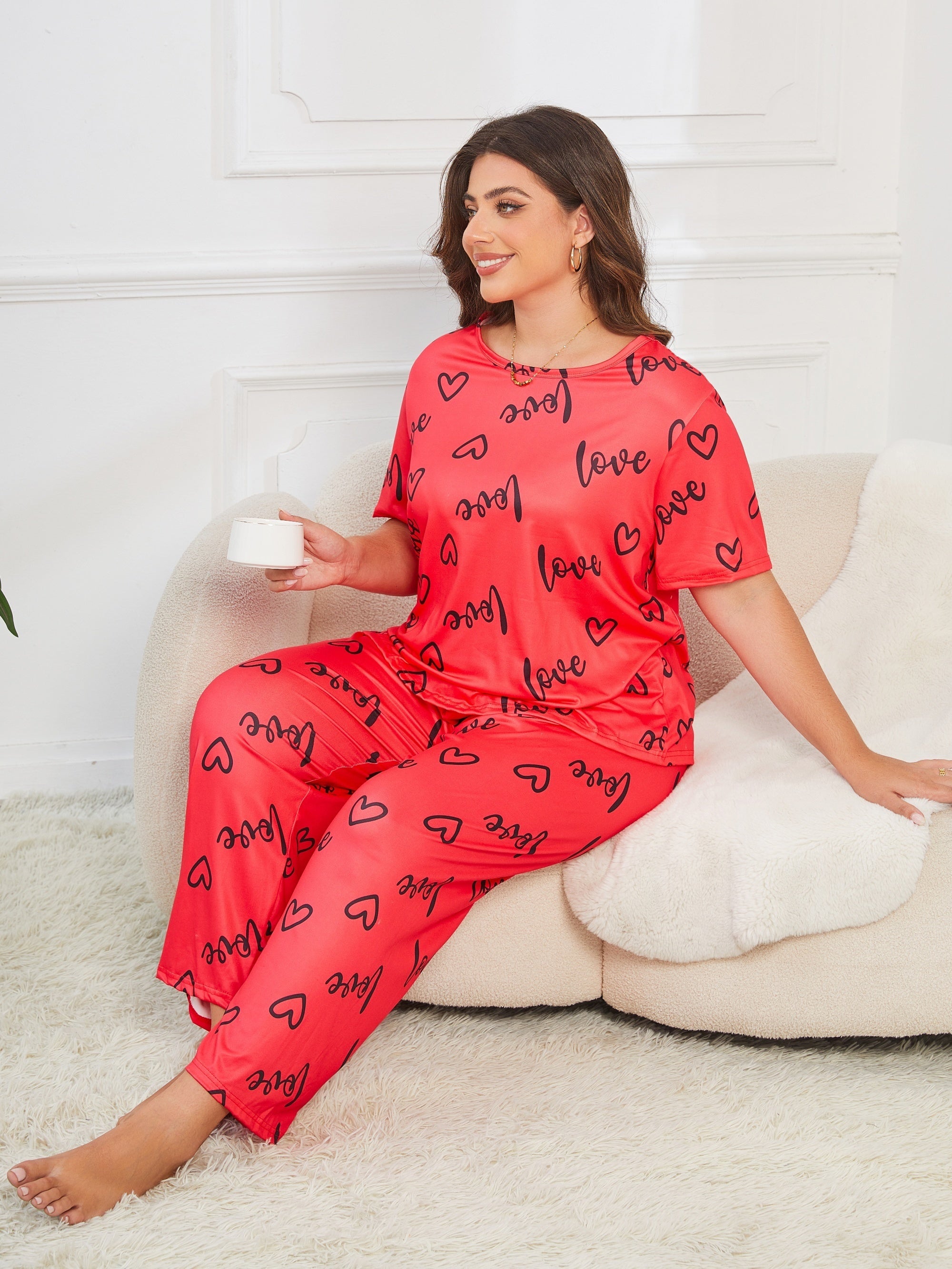 Women's Plus Size Letter Print Short Sleeve Pajama Set All Seasons