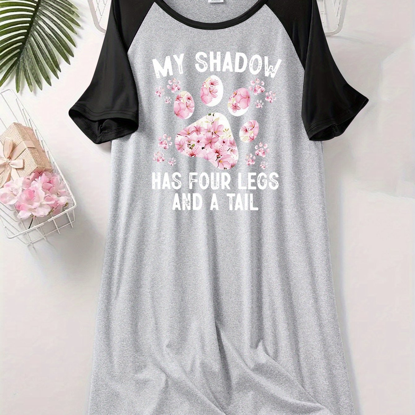 Women's Heather Gray Short Sleeve Sleep Dress with Dog Paw Print Nightgown