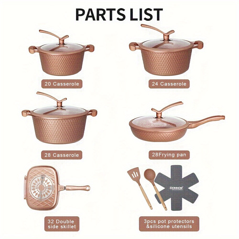 Juego de utensilios de cocina de diamante antiadherente de 15 piezas de lujo con sartenes y ollas para sopa