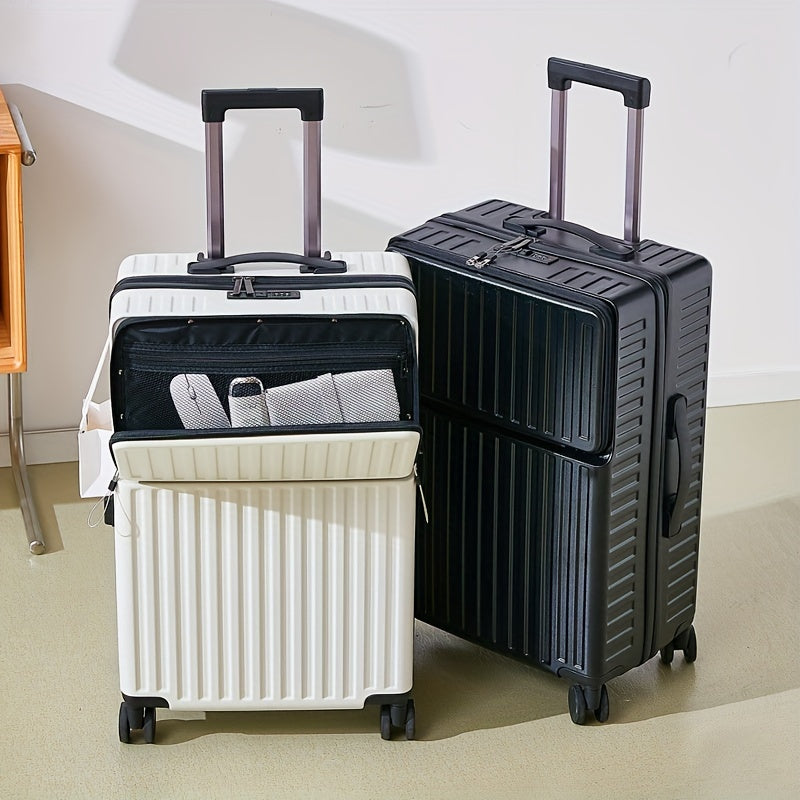 White 20 Inch Spinner Trolley Suitcase with Zippered Front Pocket and Telescopic Handle