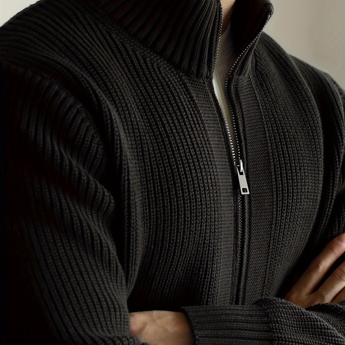 Men's Knitted Zip-Up Cardigan Sweater Fall Winter Solid Color High Stretch Casual Regular Fit