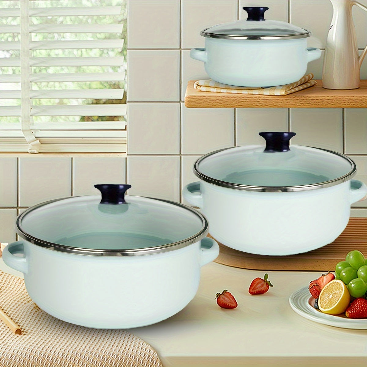 Enamel Cookware Set 3 Pieces with Lids Lightweight Portable for Cooking and Stewing