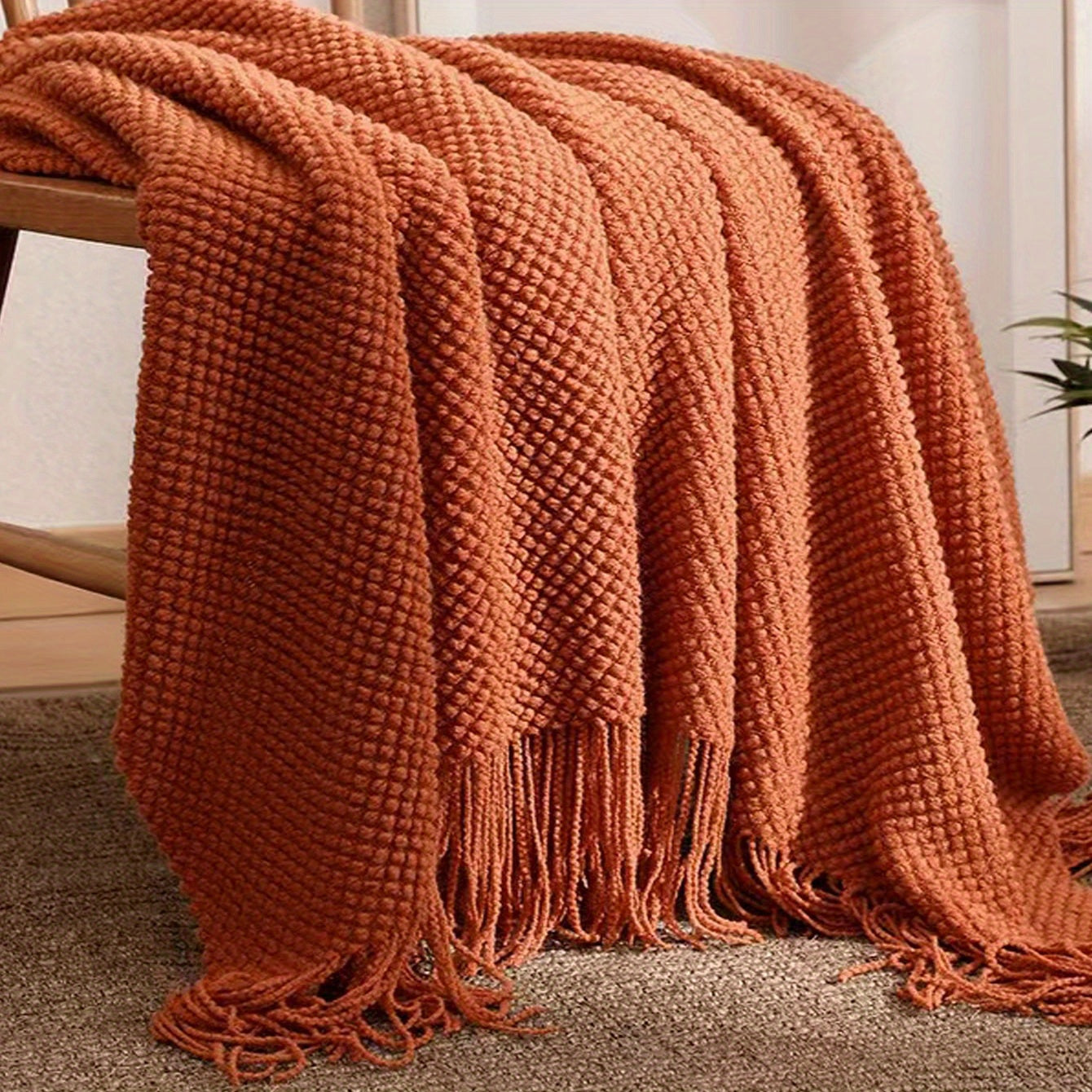 Orange Tassel Knitted Throw Blanket Soft Warm Couch Sofa Bed Travel