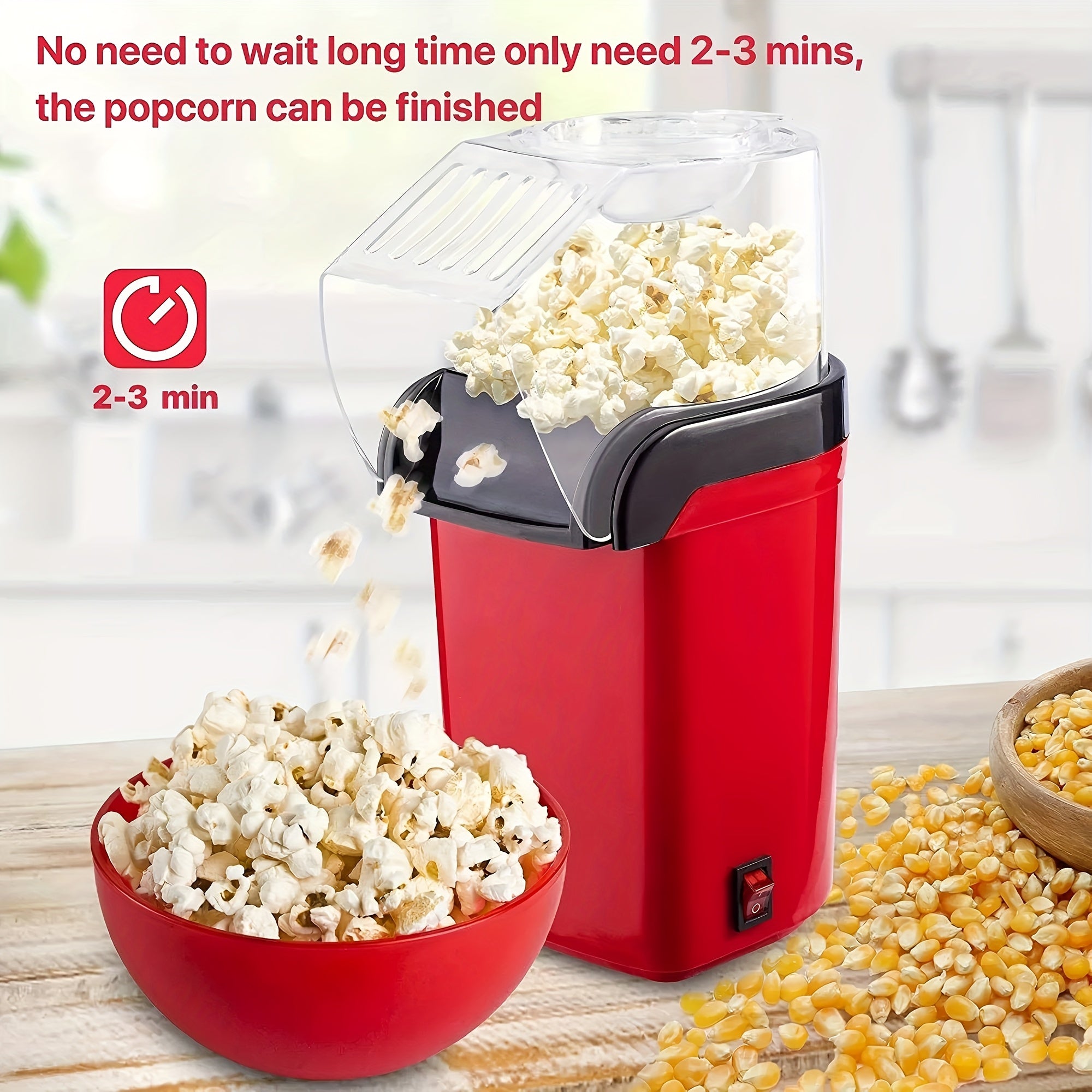 1200W Electric Popcorn Maker Oil-Less Red Black for Home Movie Nights Parties