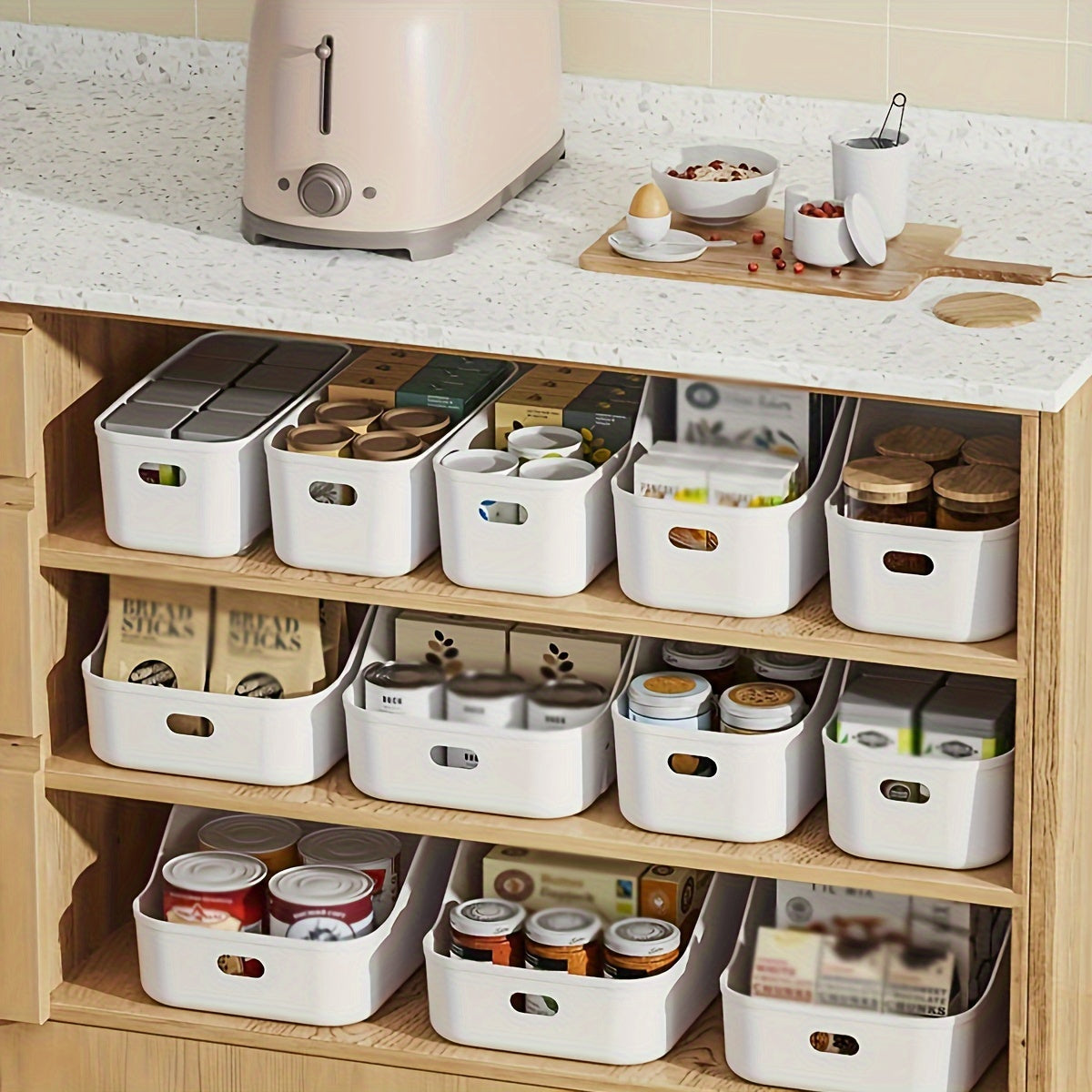 Set of 10 White Plastic Storage Bins for Kitchen, Bedroom, Bathroom Organizing