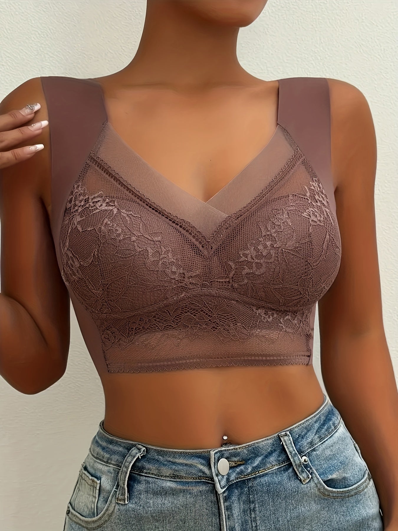 Women's Lace Wireless Push-Up Bras with Contrast Lace, Breathable, Comfortable