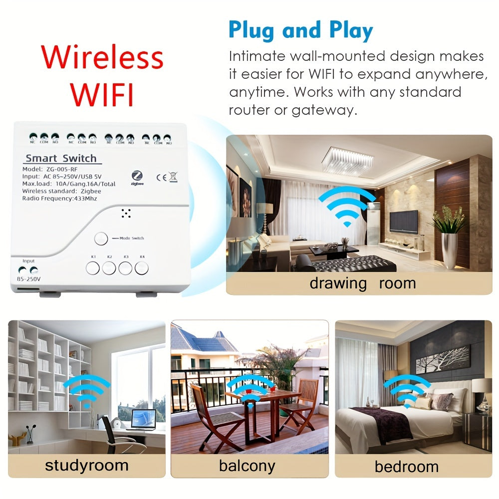 4-kanalli Zigbee aqlli uy uchun kalit relé, Alexa Google App bilan mos, masofadan boshqarish, yong'inga chidamli, maxfiylikni himoya qilish