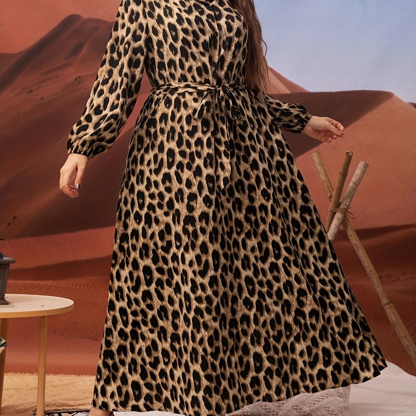 Plus-Size Leopard Print Dress with Lantern Sleeves Belt Collared Neckline Polyester All-Season