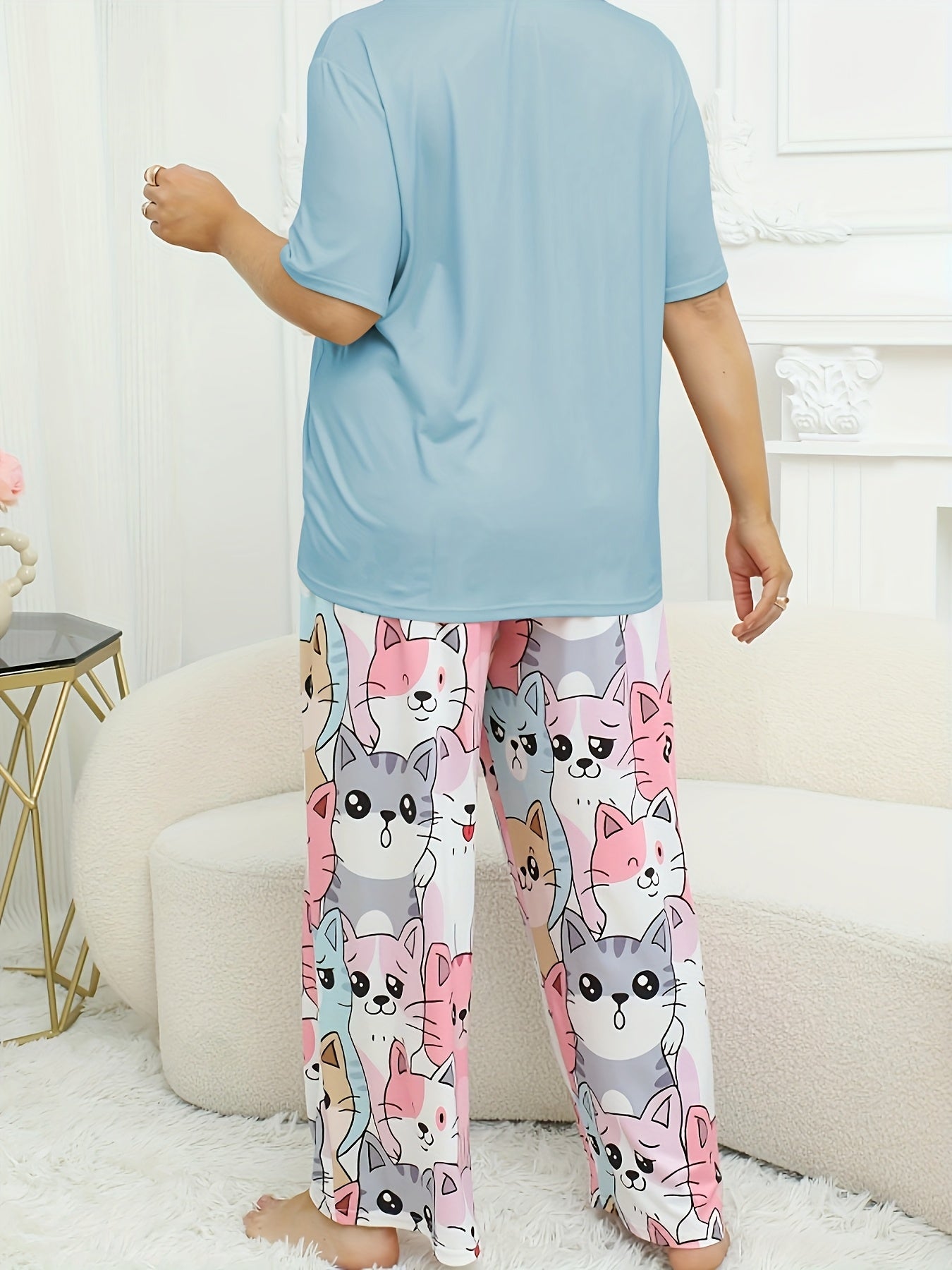 Women's Plus Size Cat Print Pajama Set Short Sleeve Long Pants Polyester Blend