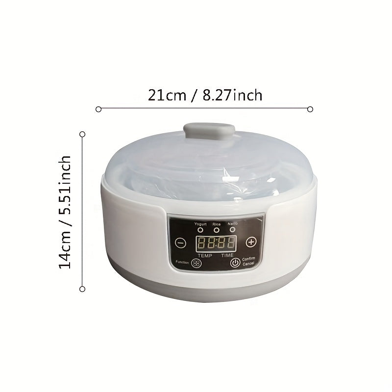 Raqamli displey bilan katta hajmli avtomatik yogurt tayyorlovchi, yogurt va fermentlangan oziq-ovqatlar uchun ideal. Kuzatuv talab qilinmaydi. Yevropa standarti rozetkasi. Shisha idish dizayni.