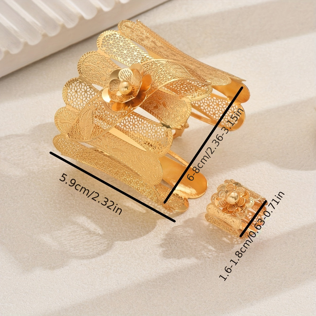 Vintage Floral Jewelry Set for Women Hollow Bracelet and Adjustable Ring Elegant All-Season Wedding and Daily Wear