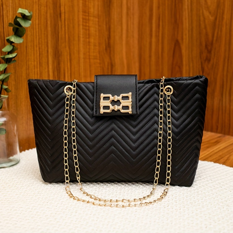 Retro Tote Bag for Women with Magnetic Closure Chevron Pattern Crossbody Shoulder Bag in Black White Light Brown