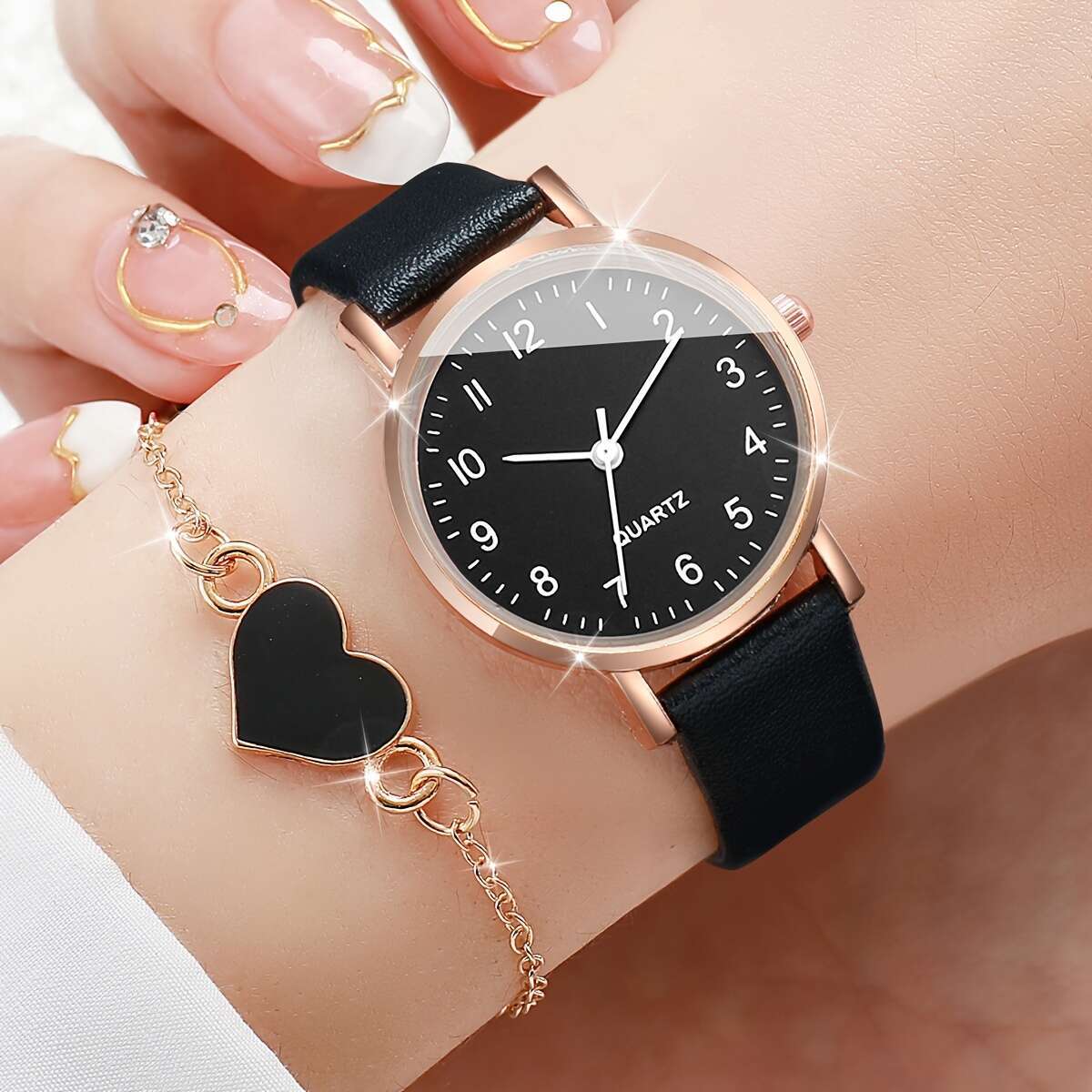 Women's Quartz Watch and Heart Charm Bracelet Set Alloy Case Faux Leather Strap Round Analog Dial