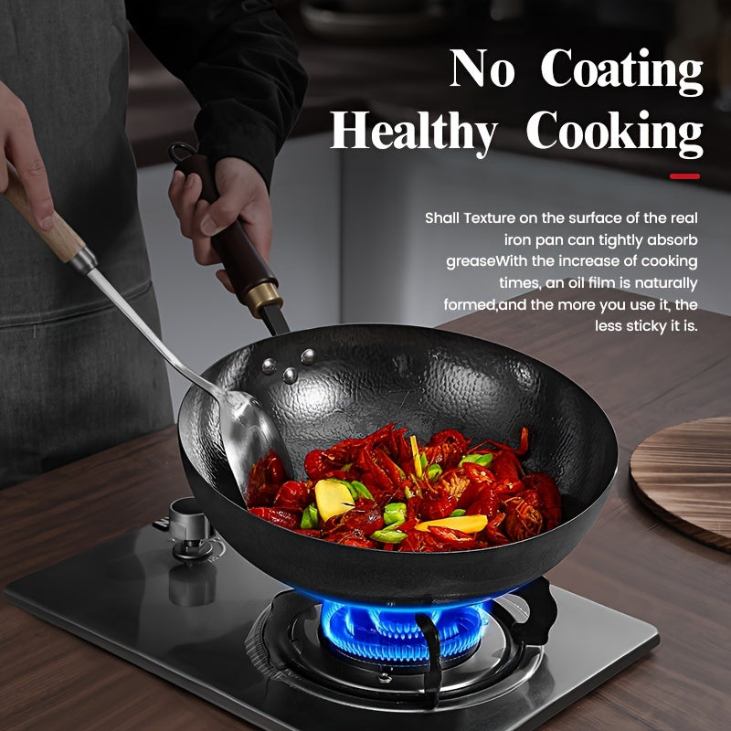 Qo'l bilan zarb qilingan an'anaviy quyma temir wok, yog'och qopqoq va tutqich bilan - Sog'lom qoplamasiz pishirish - Rivet mustahkamlash - 32 sm oshpaz qozoni