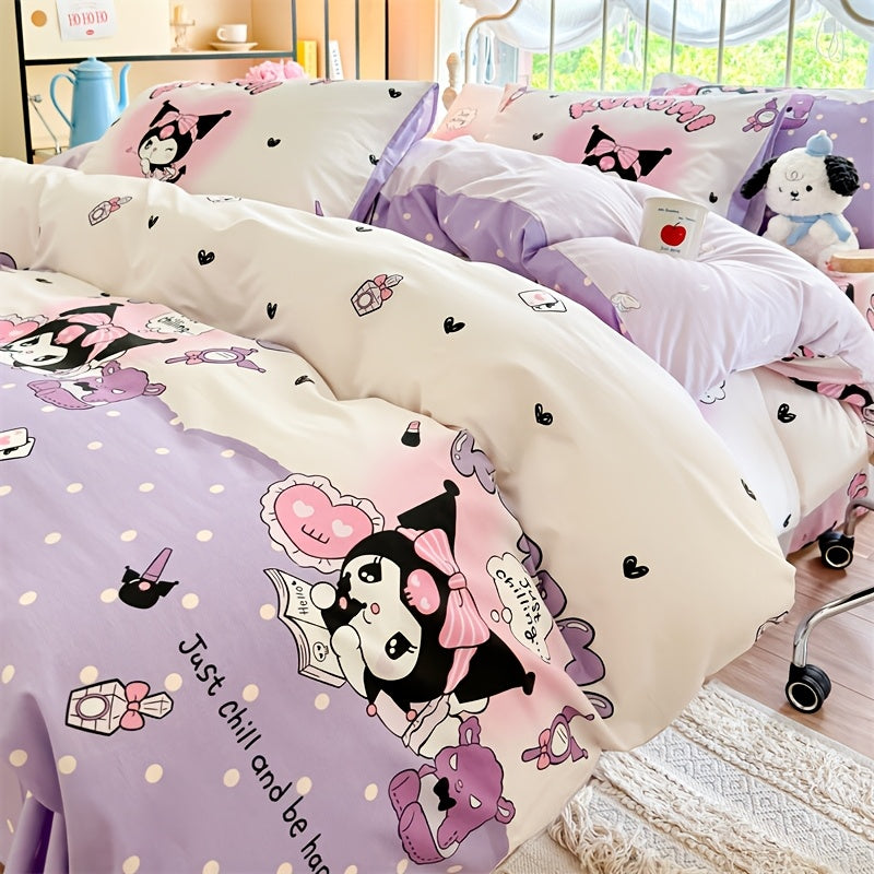 4-Piece Purple Cartoon Bedding Set with Quilt Cover Pillowcases and Sheet 200x230cm