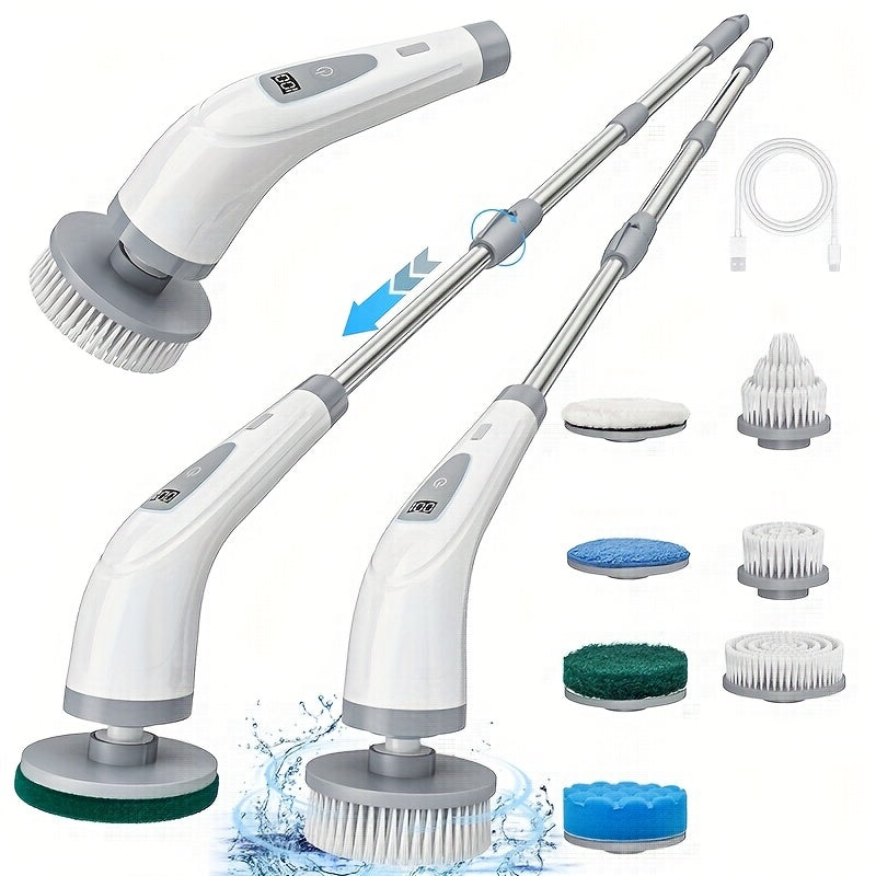 Multi-functional electric spin scrubber with adjustable handle 7 brush heads USB rechargeable