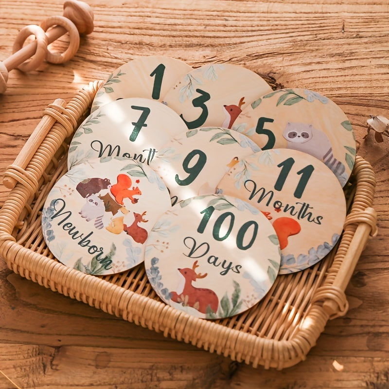 Wooden Baby Milestone Coasters Forest Animals Set for Growth Photos and Memories