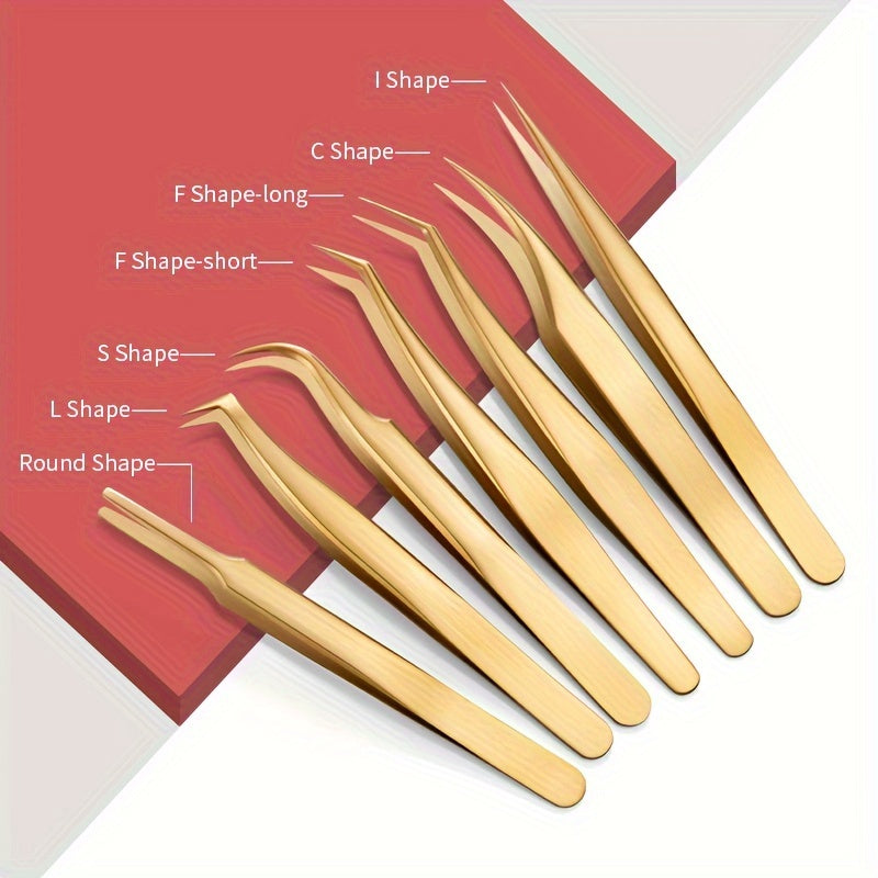7-Piece Stainless Steel Eyelash Tweezers Set for False Eyelash and Eyebrow Grooming