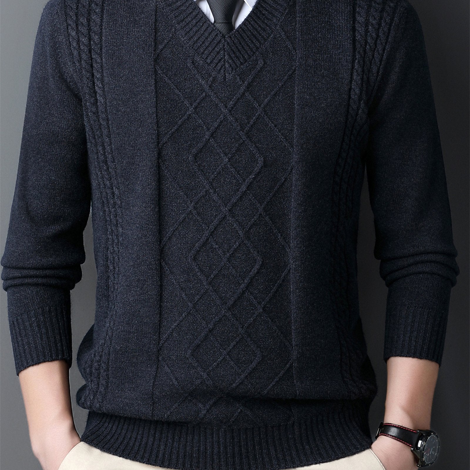 Men's Red V-Neck Sweater with Diamond Pattern Knit Long Sleeve Fall Winter Layering