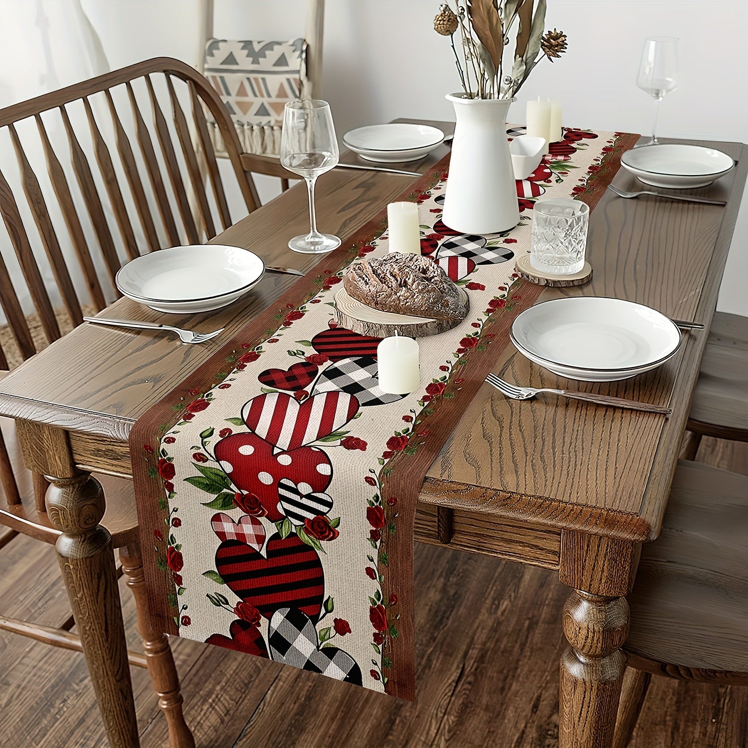 Washable Valentine’s Day Table Runner with Red Heart Leaf Design Non-Slip Insulated Backing