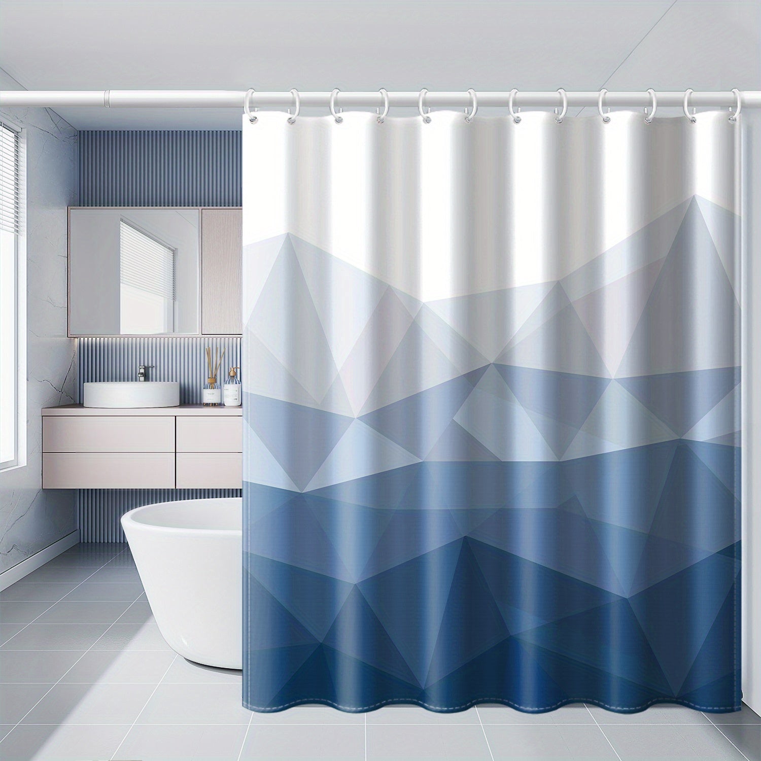 Blue Gradient Geometric Pattern Shower Curtain Waterproof Polyester with 12 Hooks for Bathroom or Hotel