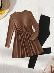 Women's Conservative Full-Length Swimsuit Set High Neck Solid Polyester Knit