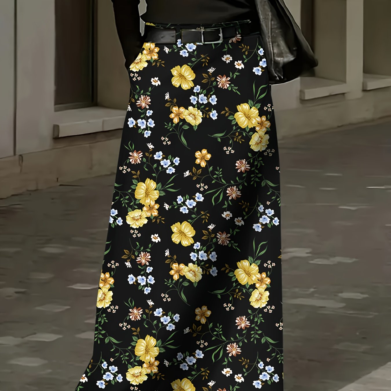 Plus o'lchamli gul bosma bilan midi yubka, cho'ntaklar bilan, polyester, barcha mavsum uchun