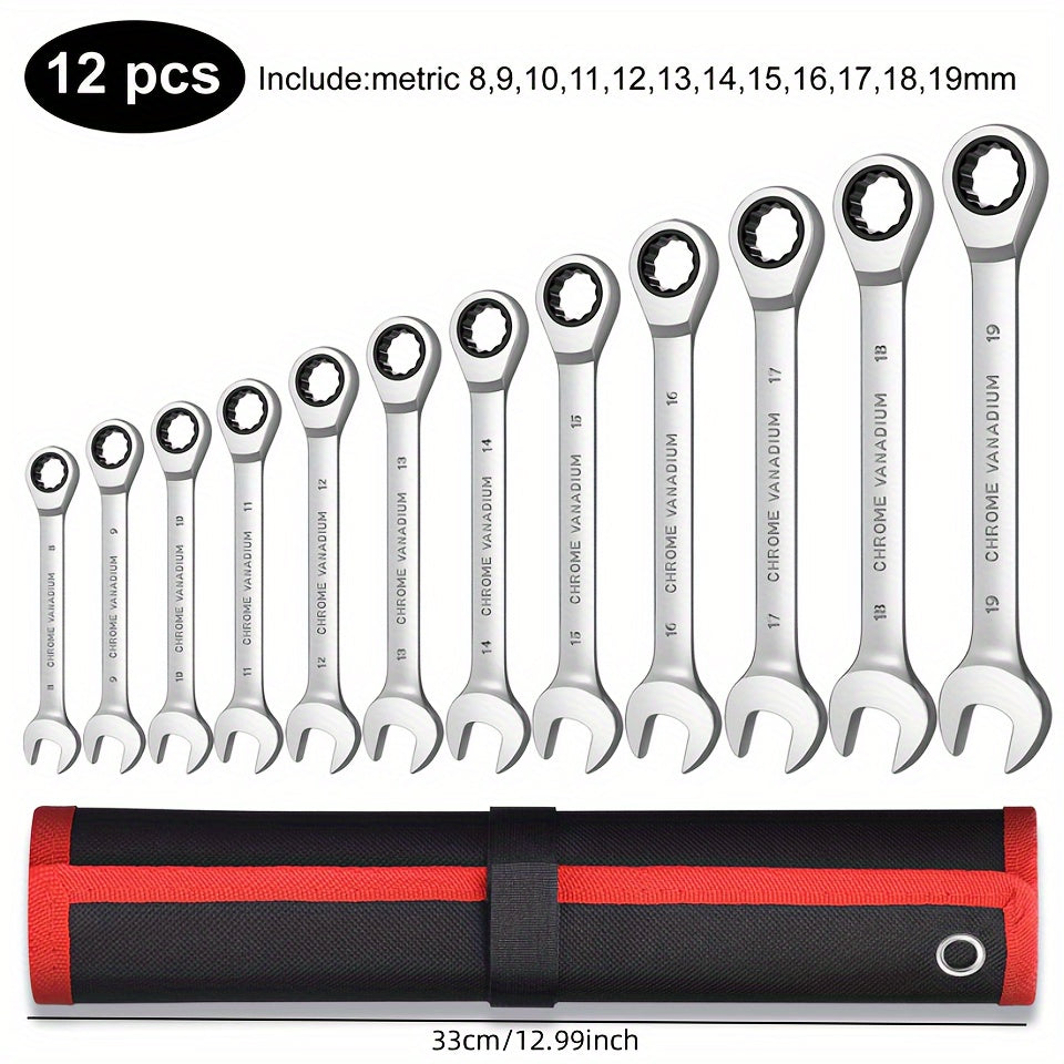 8/9/12 Piece Chrome Vanadium Steel Wrench Set with Red and Black Bag Open-End and Hexagon Wrenches