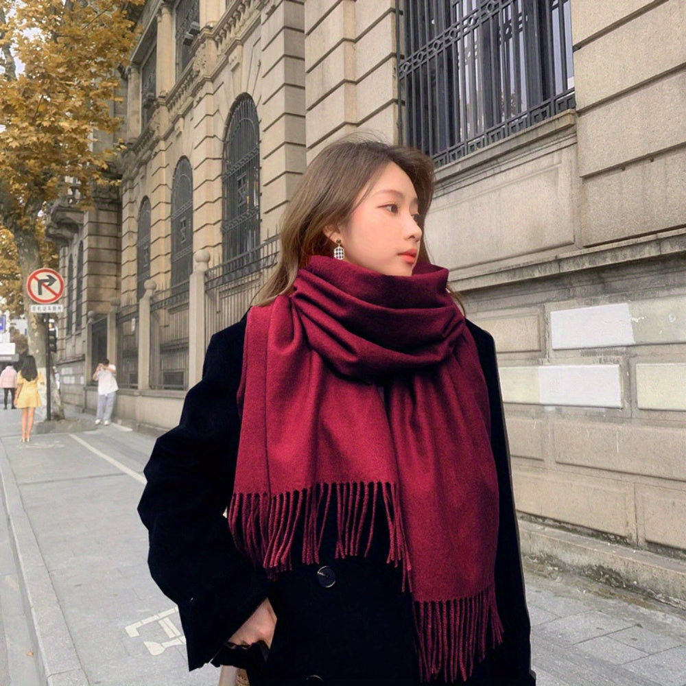 Women Black Tassel Shawl Scarf Thick Plush Wool Feel Double-Sided Cashmere Autumn Winter