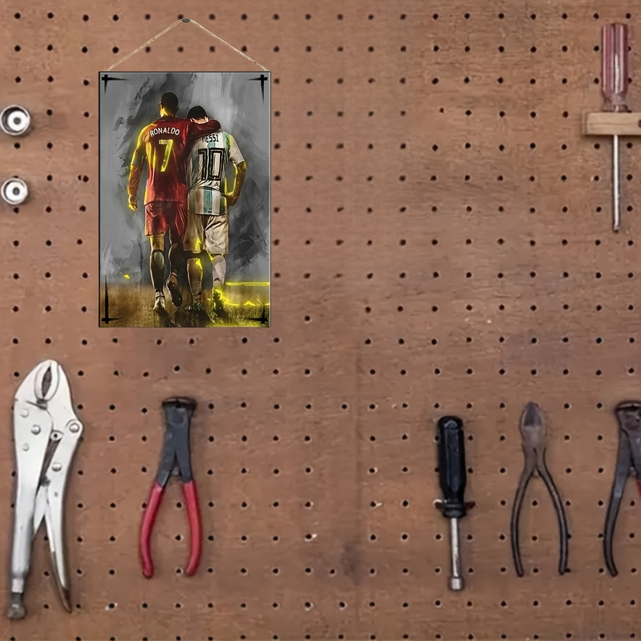 Wooden Wall Plaque Featuring Messi and Ronaldo for Living Room or Study Decor 19.99cm x 13.46cm