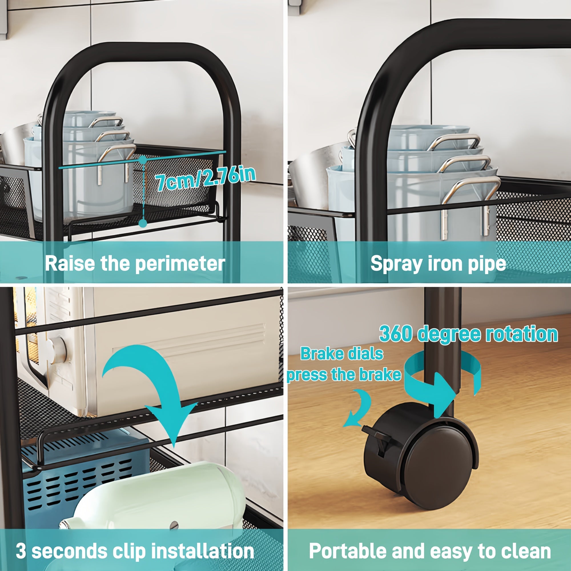 Black Mesh Rolling Wire Cart with Lockable Wheels and Metal Baskets for Kitchen Office Storage