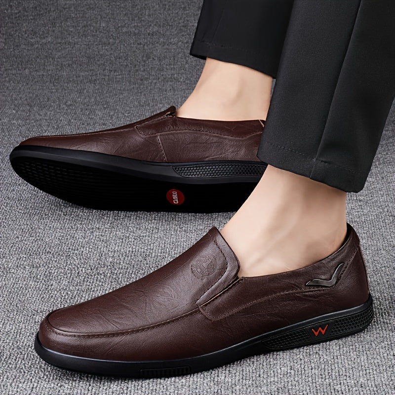 Men's Casual Leather Loafers Two-Layer Cowhide Rubber Sole Slip-On Business Shoes